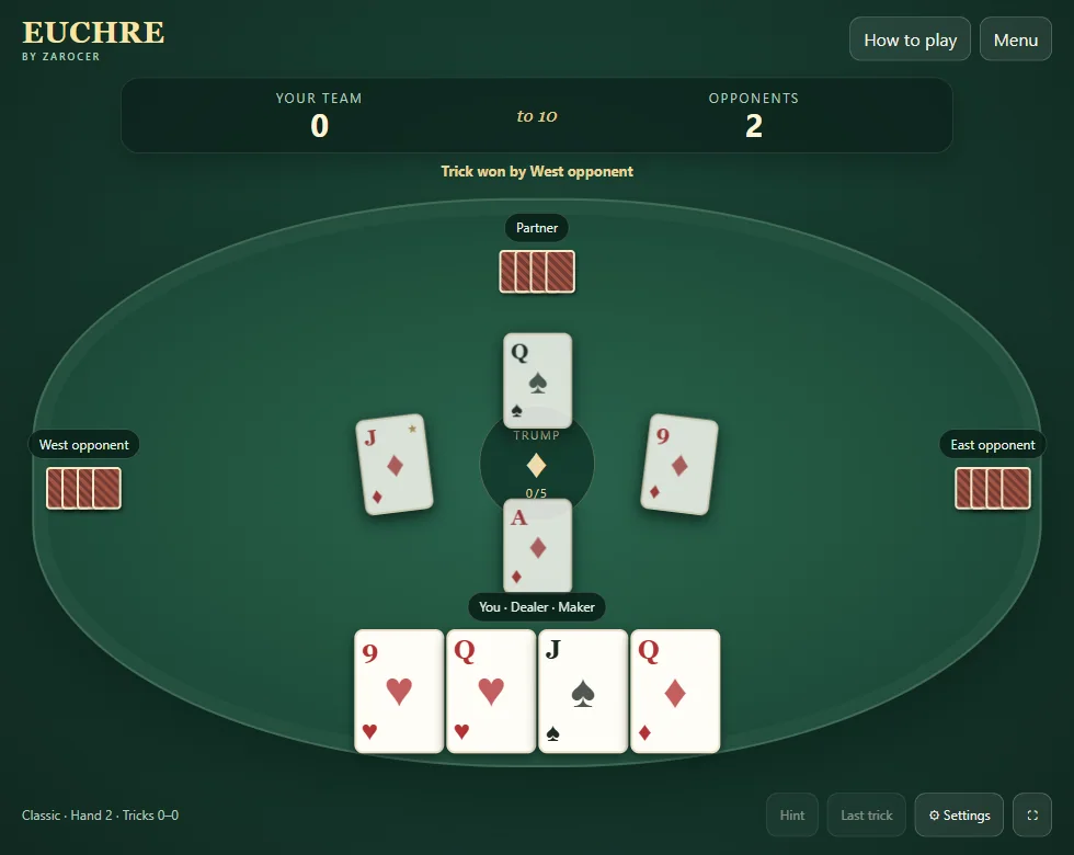 Euchre trick showing played cards, trump and the player’s hand. Scene 1.