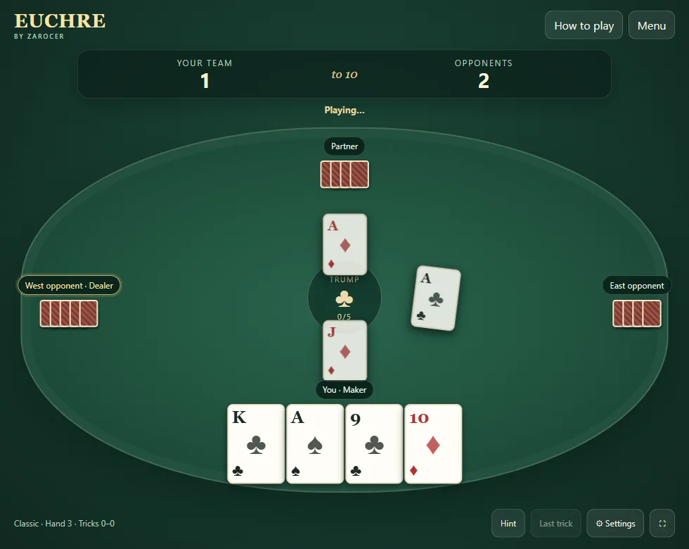 Euchre trick showing played cards, trump and the player’s hand. Scene 3.