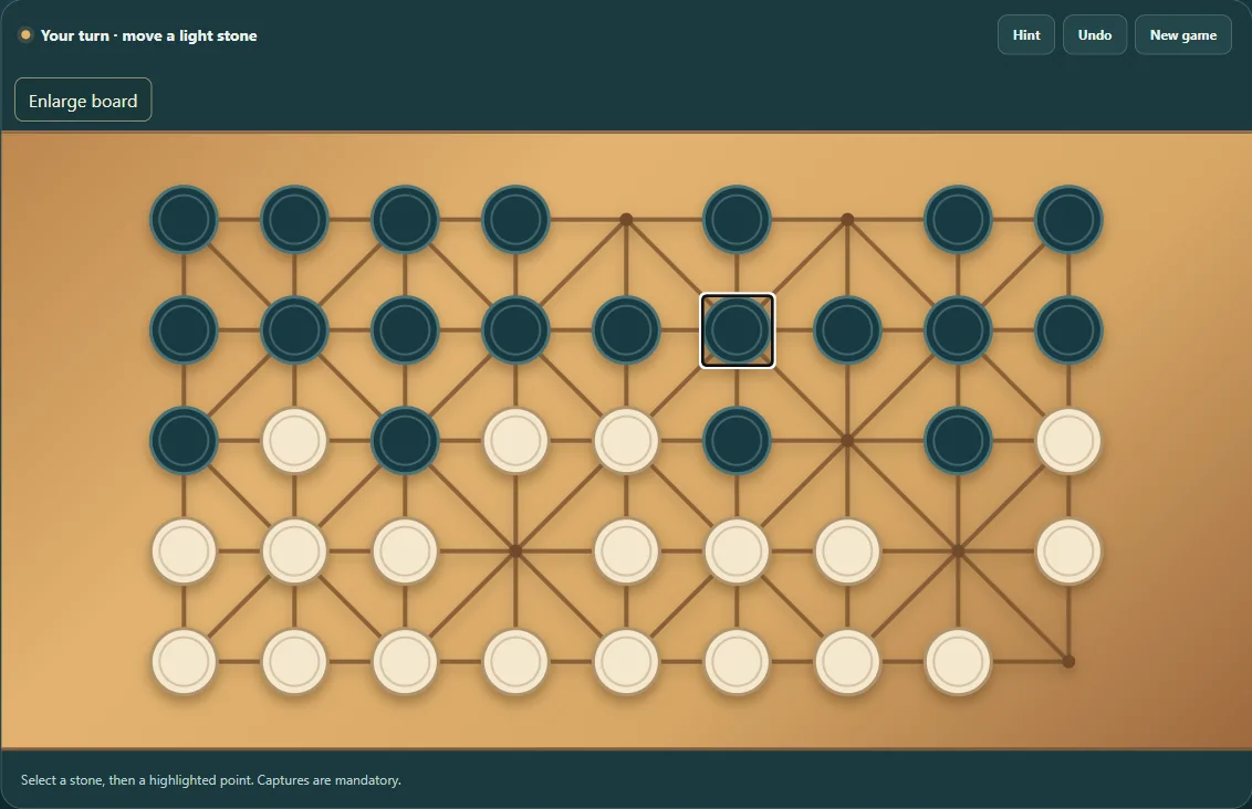 Actual Fanorona gameplay, board position 1 after native moves.