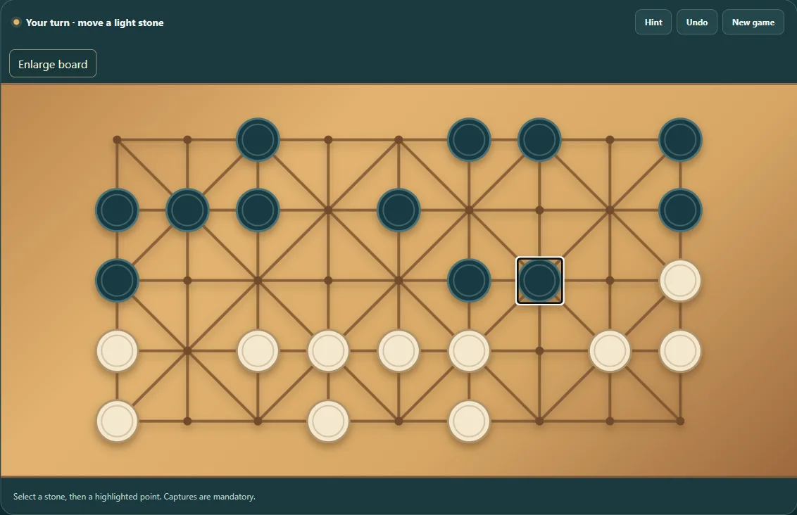 Actual Fanorona gameplay, board position 3 after native moves.