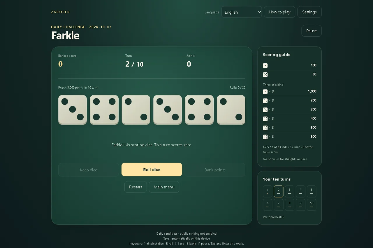 Farkle: Rolled dice and turn score