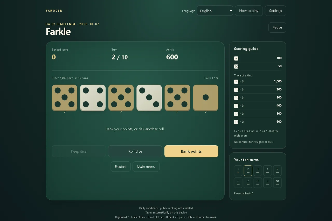 Farkle: Dice selected for keeping points