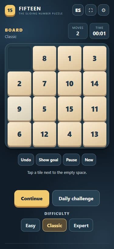 Fifteen: 15 Puzzle game on a mobile screen.