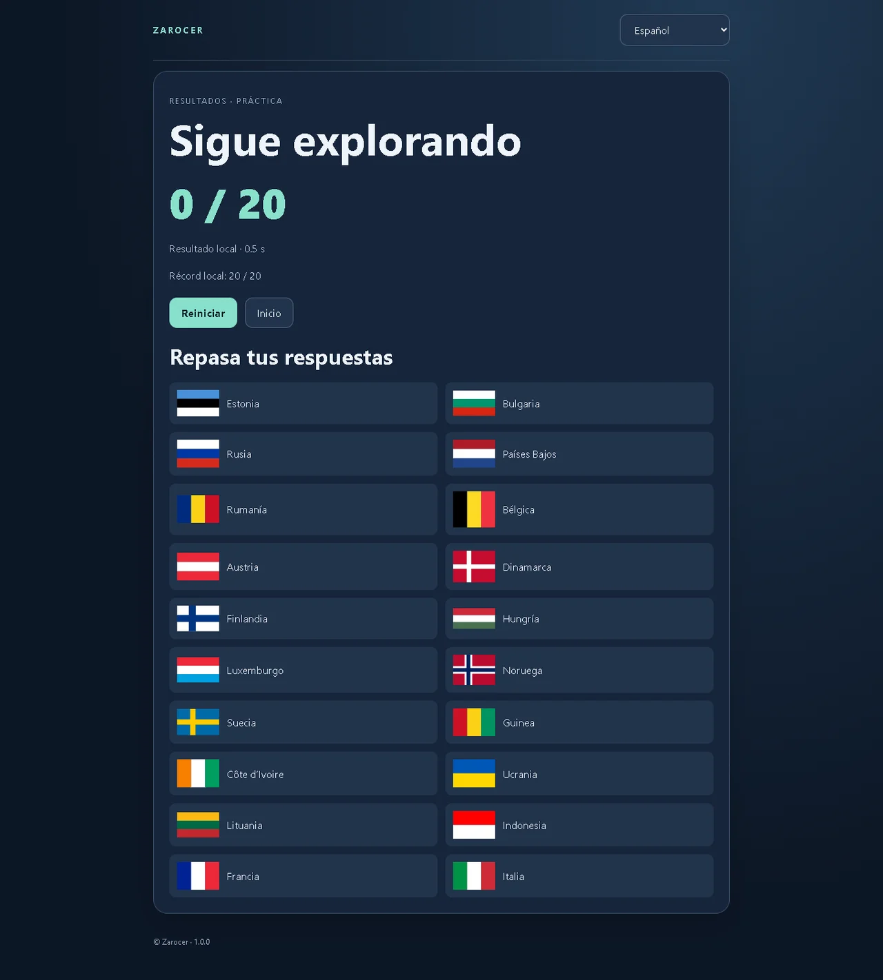 Flag Quiz: Answer and flag review after the game