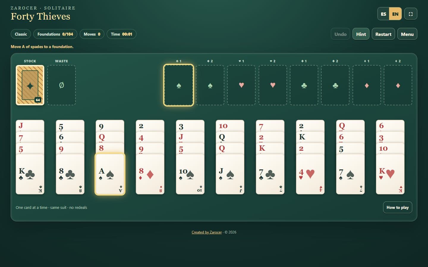 Forty Thieves Solitaire board showing a move hint.