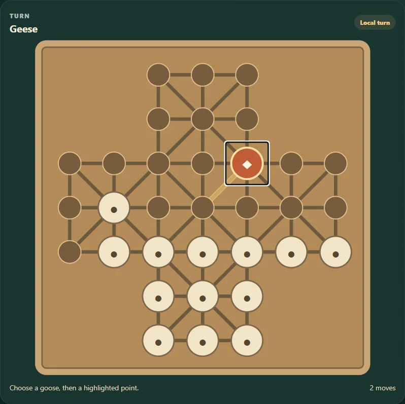 Actual Fox and Geese gameplay, board position 1 after native moves.