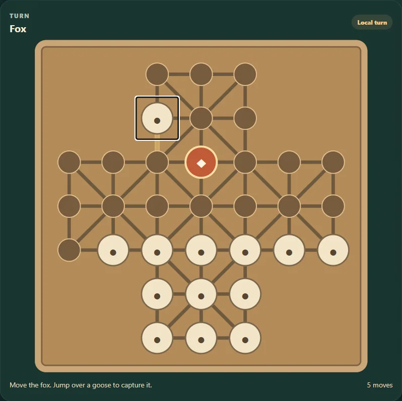 Actual Fox and Geese gameplay, board position 2 after native moves.