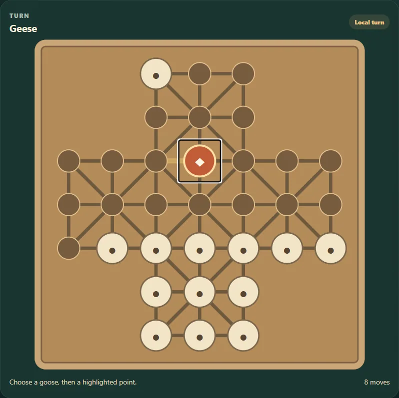 Actual Fox and Geese gameplay, board position 3 after native moves.