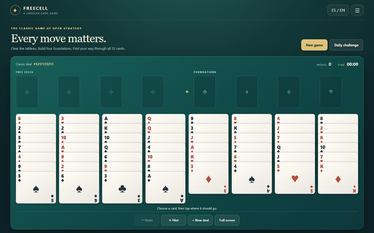 FreeCell Solitaire board showing a move hint.