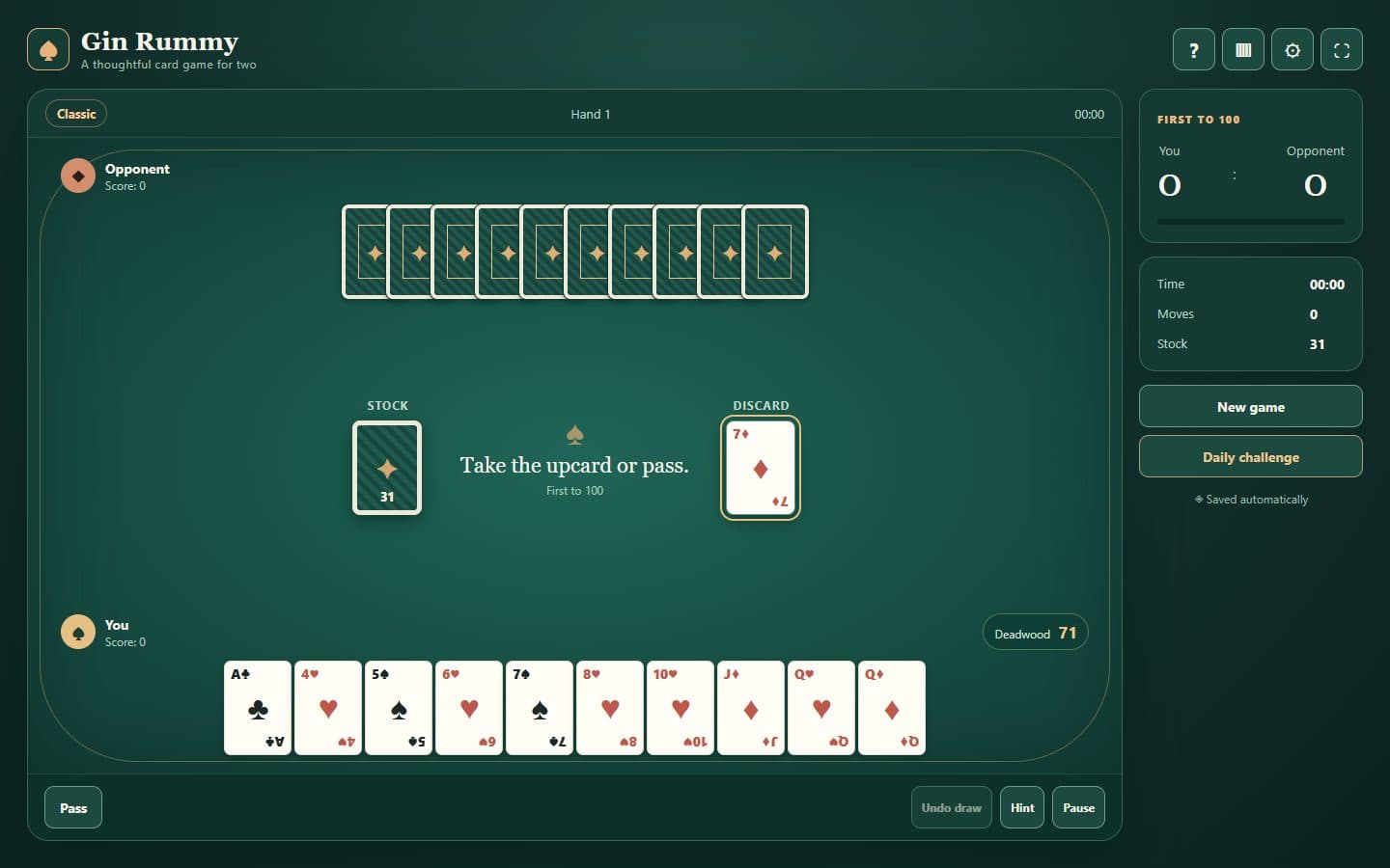 Gin Rummy card table with the Spanish interface