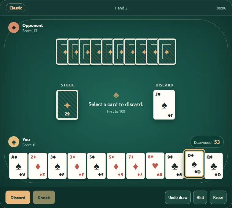 Gin Rummy in hand two with a selected discard and 53 deadwood