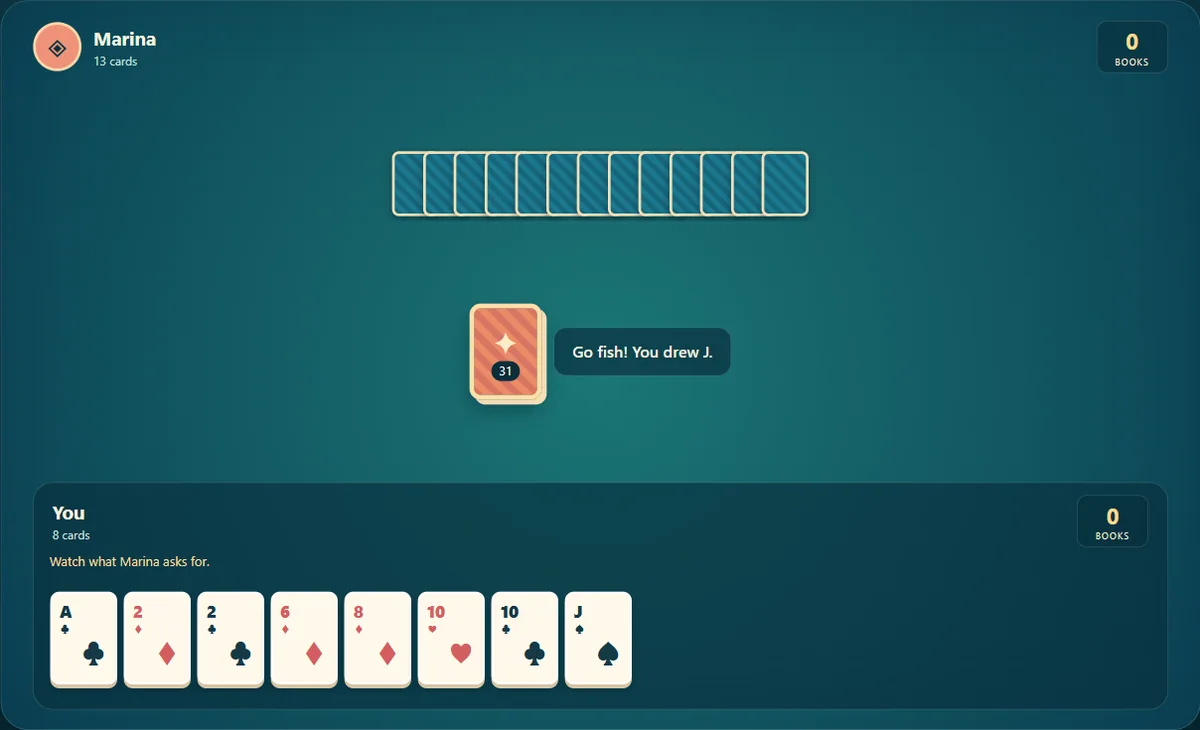 Actual Go Fish: Coral Cove gameplay, position 1 with the player’s hand visible and opponents’ cards concealed.