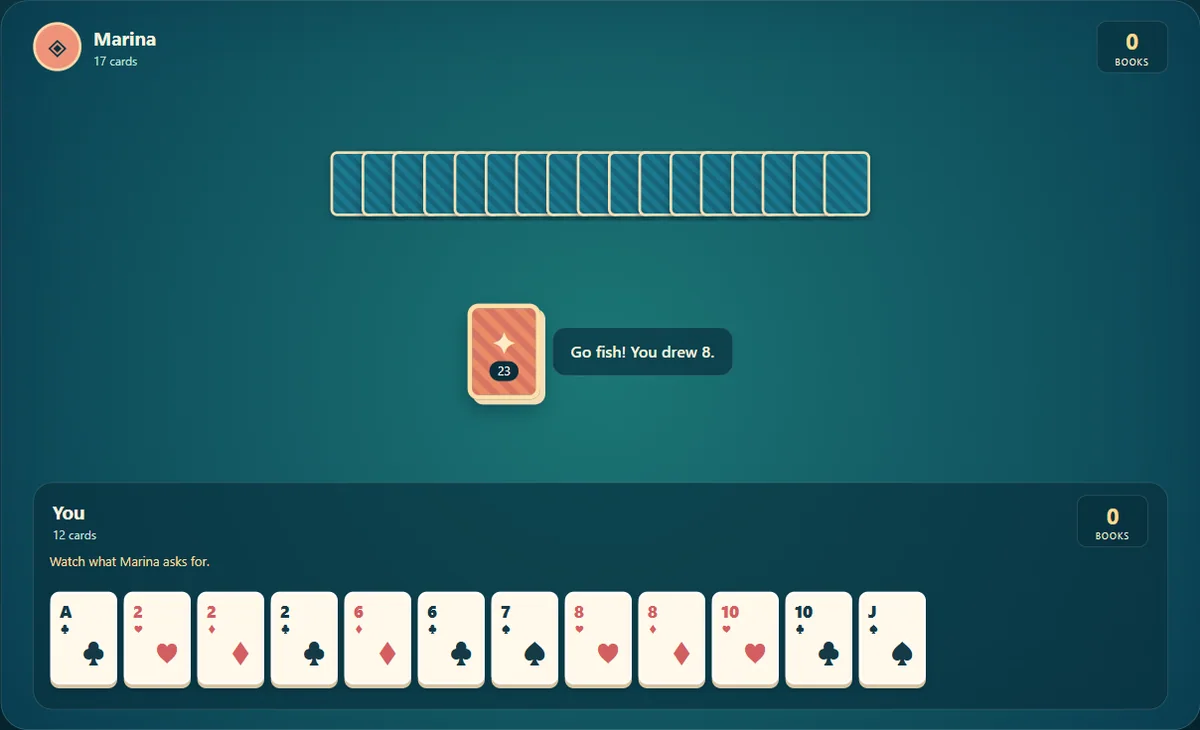 Actual Go Fish: Coral Cove gameplay, position 2 with the player’s hand visible and opponents’ cards concealed.