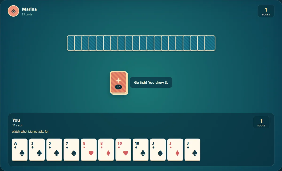 Actual Go Fish: Coral Cove gameplay, position 3 with the player’s hand visible and opponents’ cards concealed.