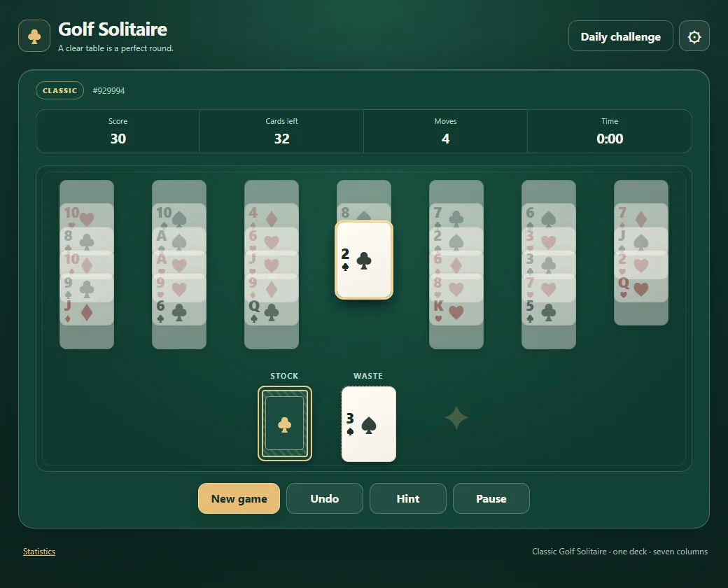 Golf Solitaire after removing three tableau cards