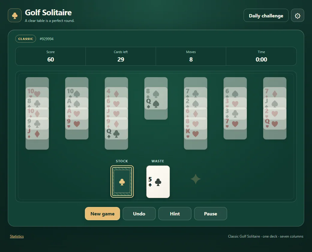 Golf Solitaire after six tableau cards