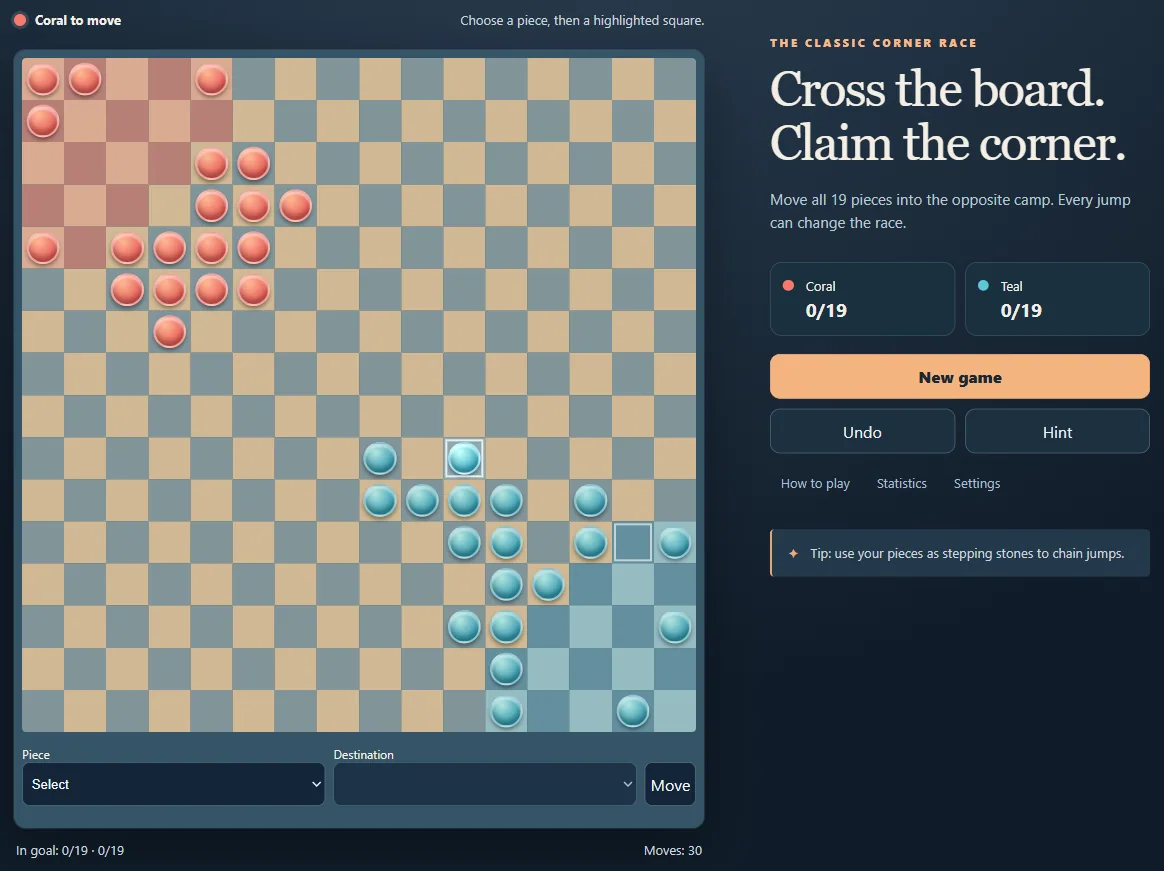 Local Halma after 30 turns, showing both players' pieces across the board.