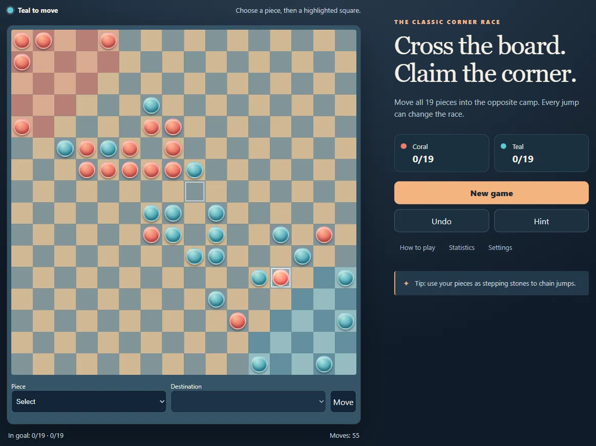 Local Halma after 55 turns, showing both players' pieces across the board.