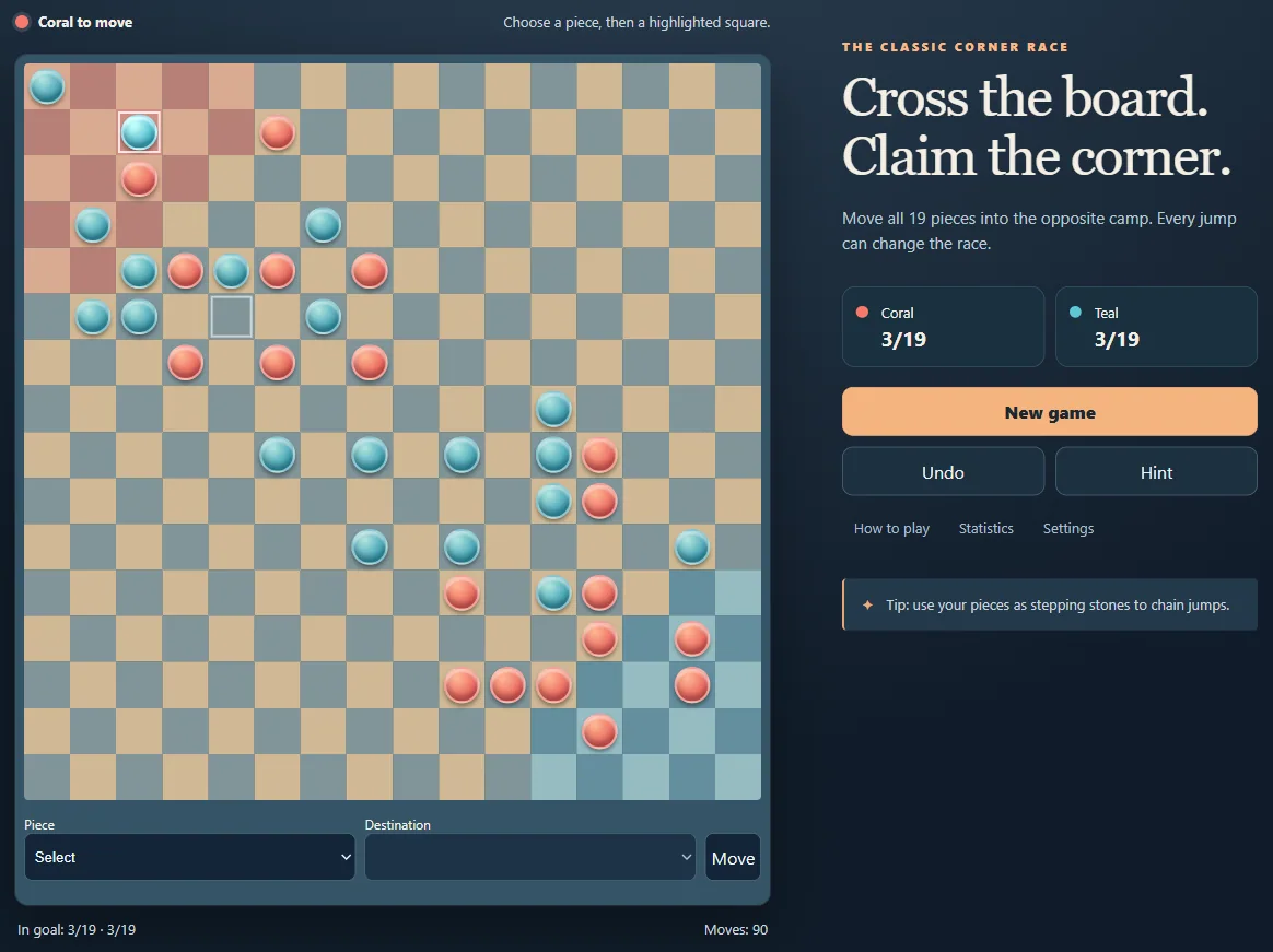 Local Halma after 90 turns, showing both players' pieces across the board.