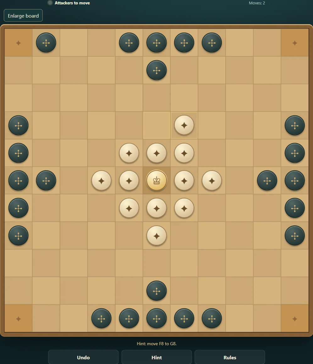 Actual Hnefatafl gameplay, board position 1 after native moves.
