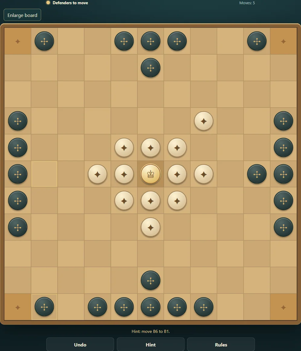 Actual Hnefatafl gameplay, board position 2 after native moves.