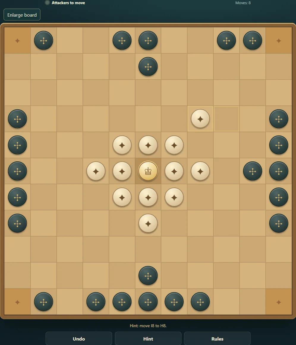 Actual Hnefatafl gameplay, board position 3 after native moves.