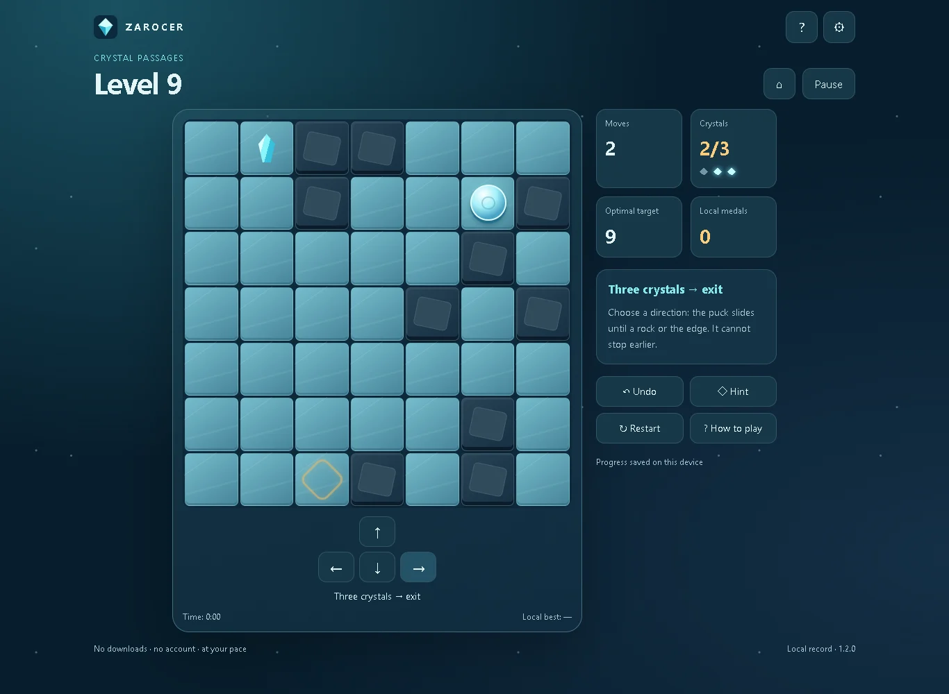 Ice Sliding Puzzle: Ice maze with obstacles and a route in progress