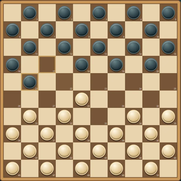 Actual International Draughts gameplay, board position 1 after native moves.