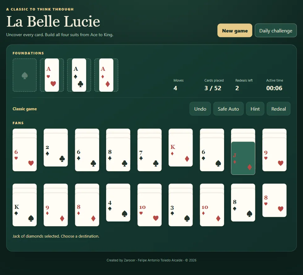 Actual La Belle Lucie gameplay, position 1 with fans or columns and visible foundations.