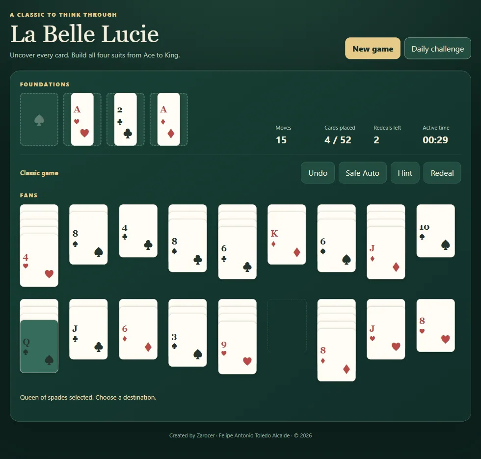 Actual La Belle Lucie gameplay, position 3 with fans or columns and visible foundations.