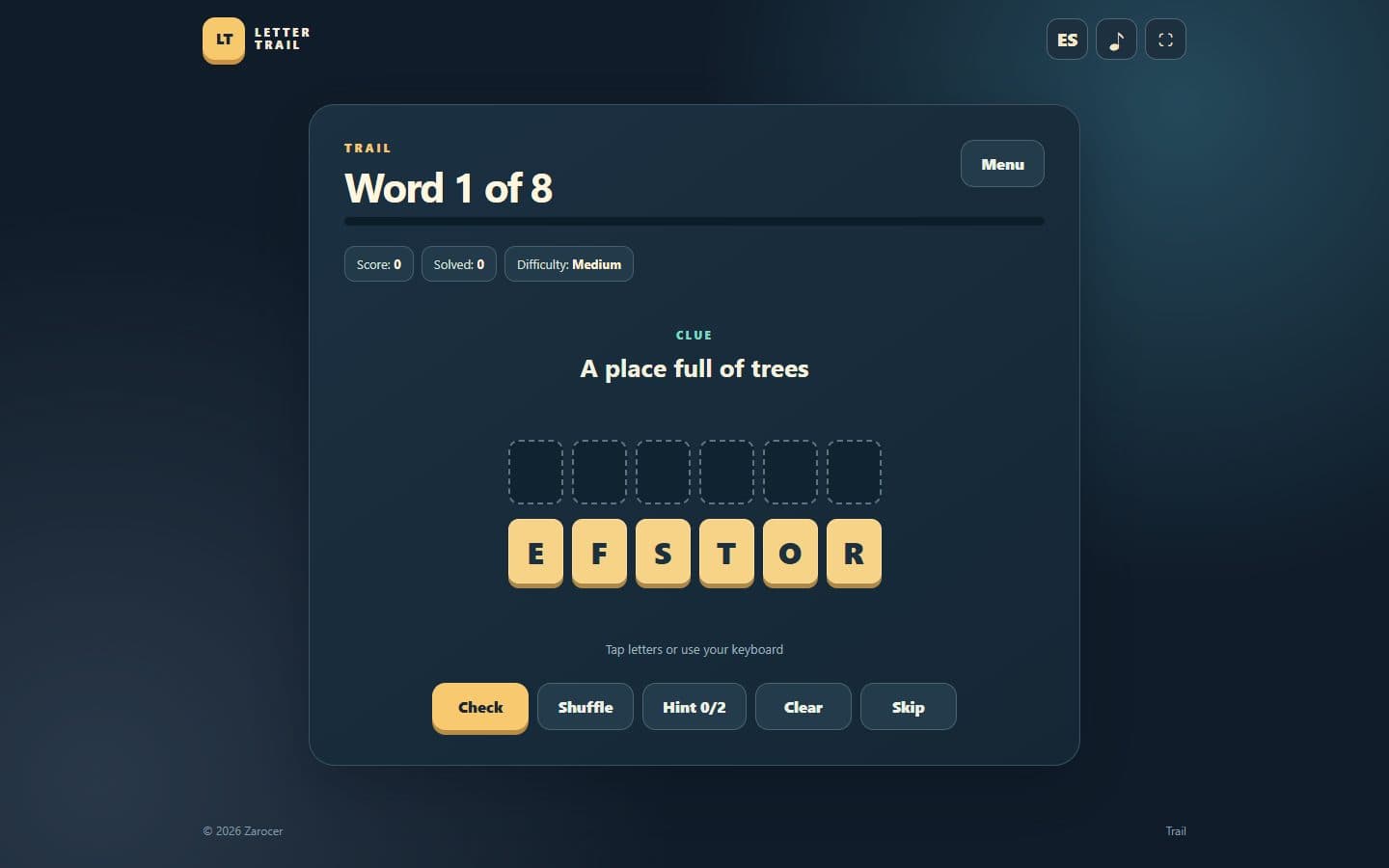 Opening Letter Trail: Word Scramble game in English.