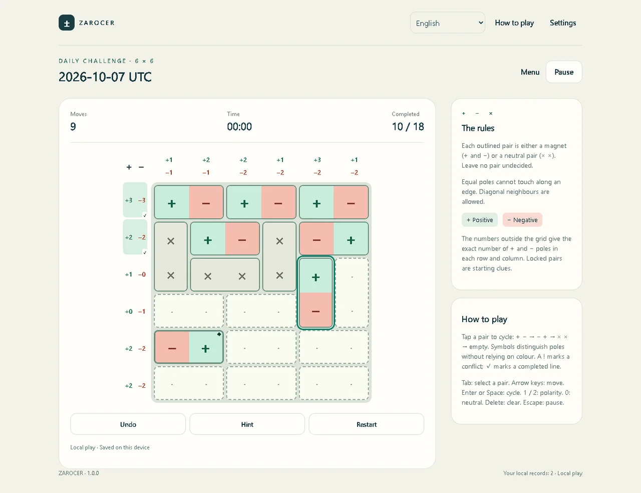 Magnets Puzzle: Daily puzzle with positive and negative tiles