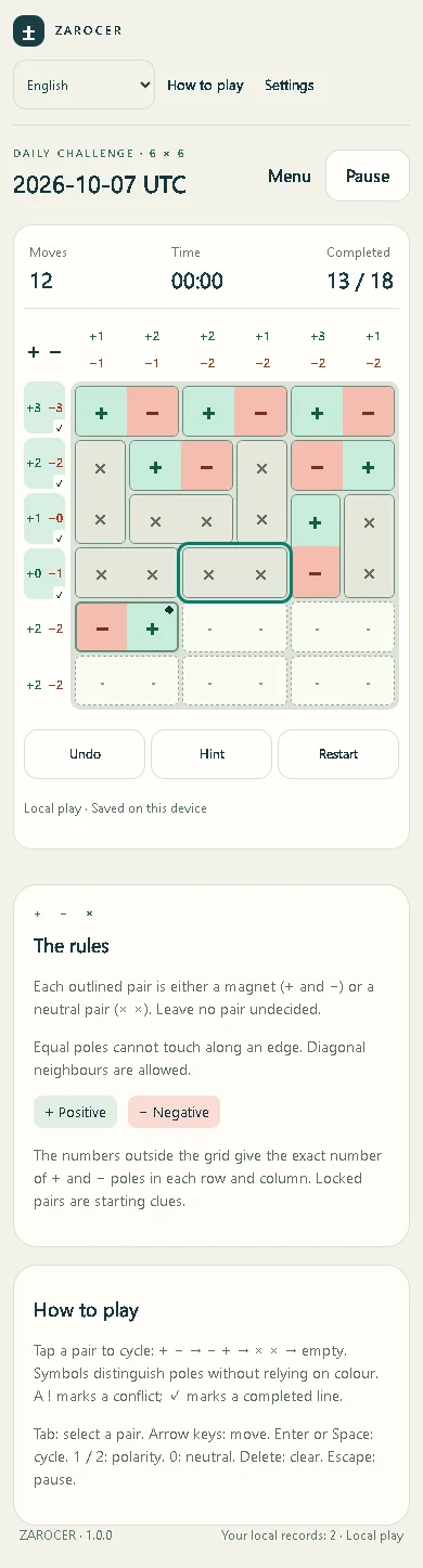 Magnets Puzzle: Undo, hint and restart controls
