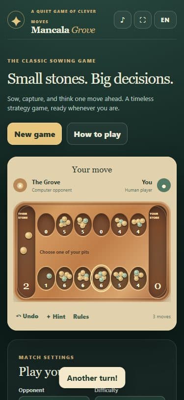 Mancala Grove on a mobile screen.