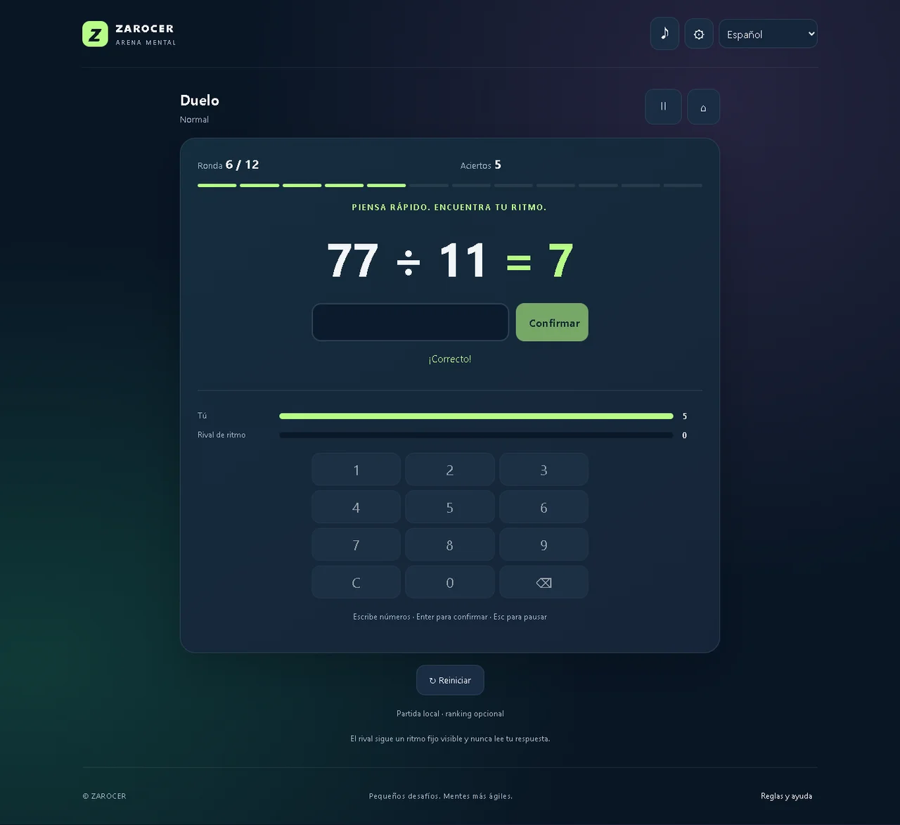 Mental Math Duel: Arithmetic problem and answer field