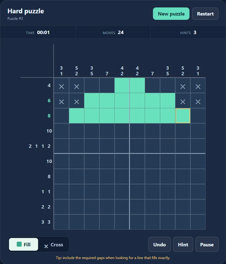 Nonogram with number clues, filled cells and marks for empty cells