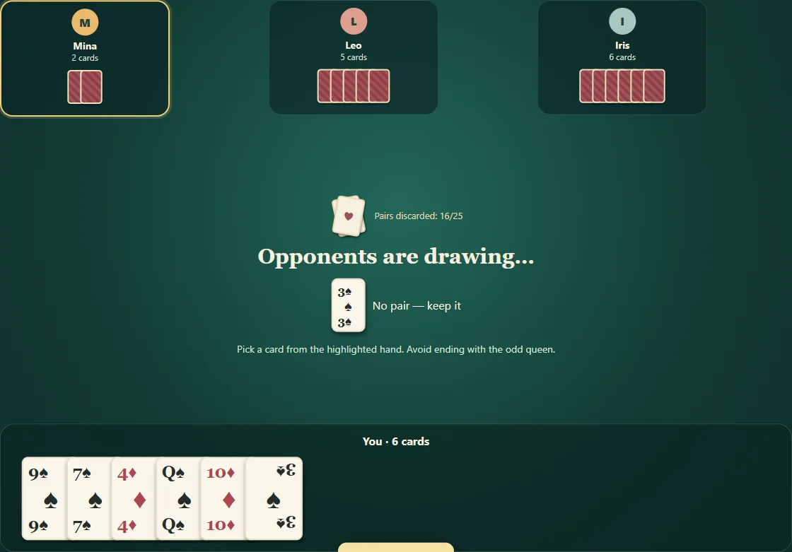 Actual Old Maid gameplay, position 1 with the player’s hand visible and opponents’ cards concealed.