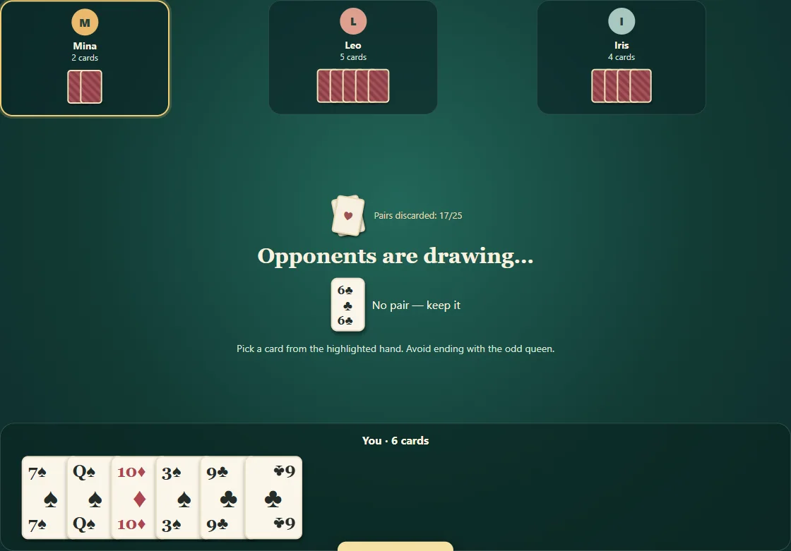 Actual Old Maid gameplay, position 2 with the player’s hand visible and opponents’ cards concealed.