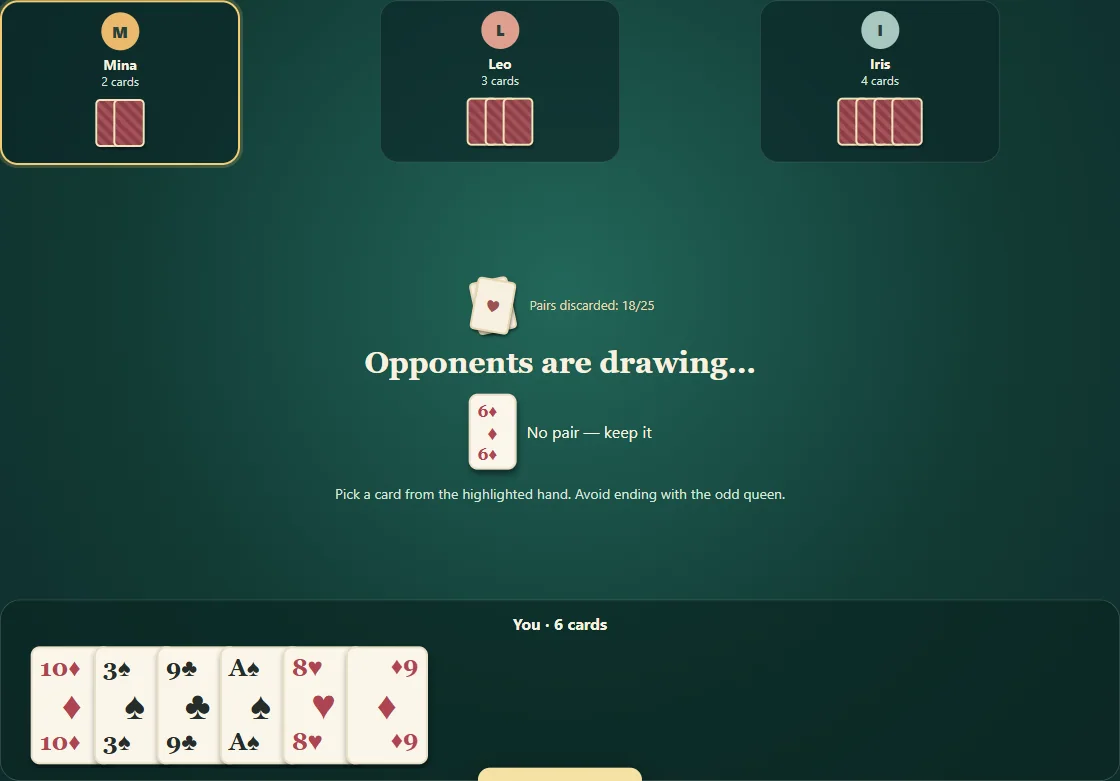 Actual Old Maid gameplay, position 3 with the player’s hand visible and opponents’ cards concealed.