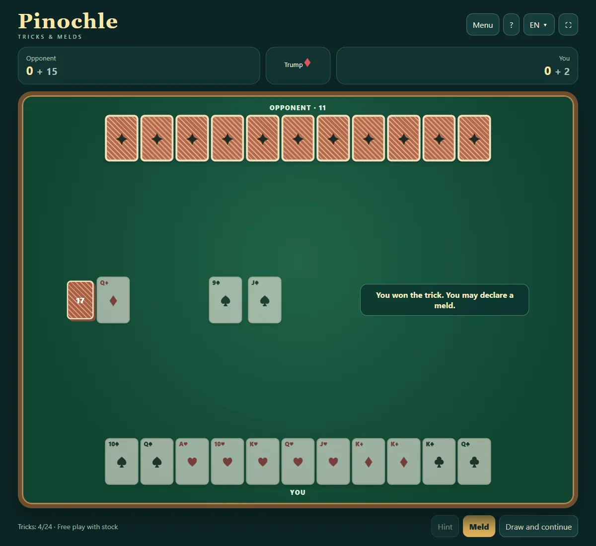 Actual Pinochle gameplay, position 2 with own cards visible and opponent cards concealed.