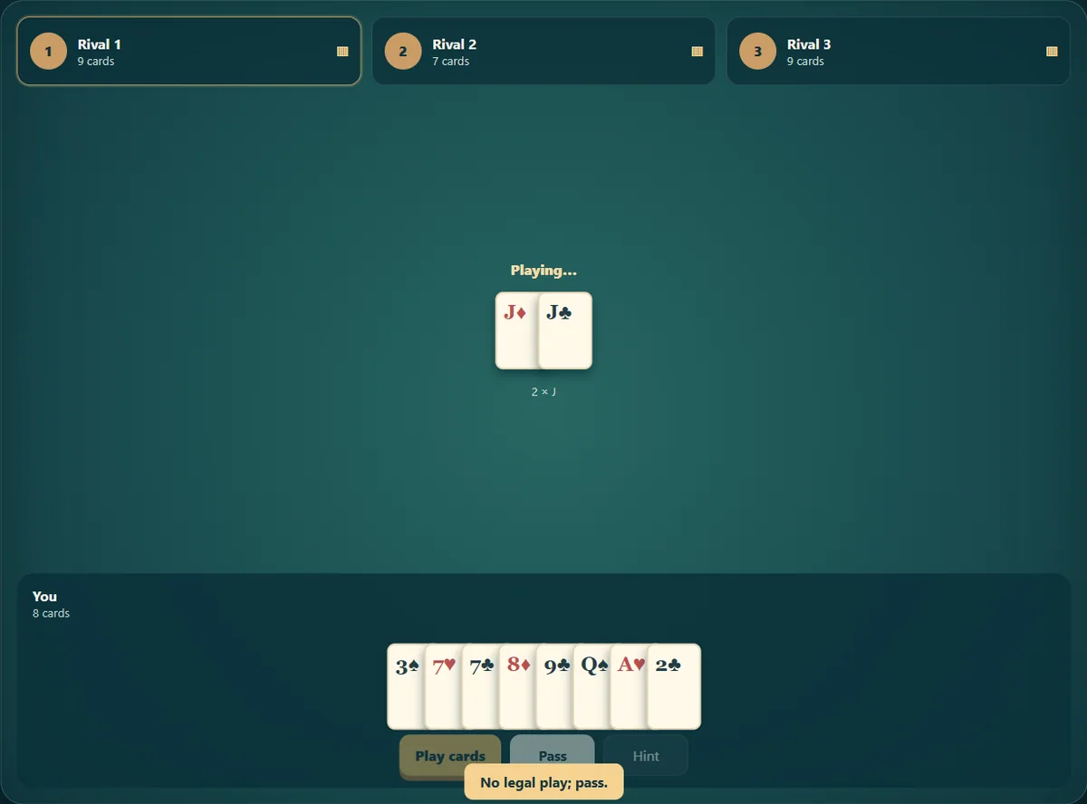 Actual President gameplay, position 2 with own cards visible and opponent cards concealed.