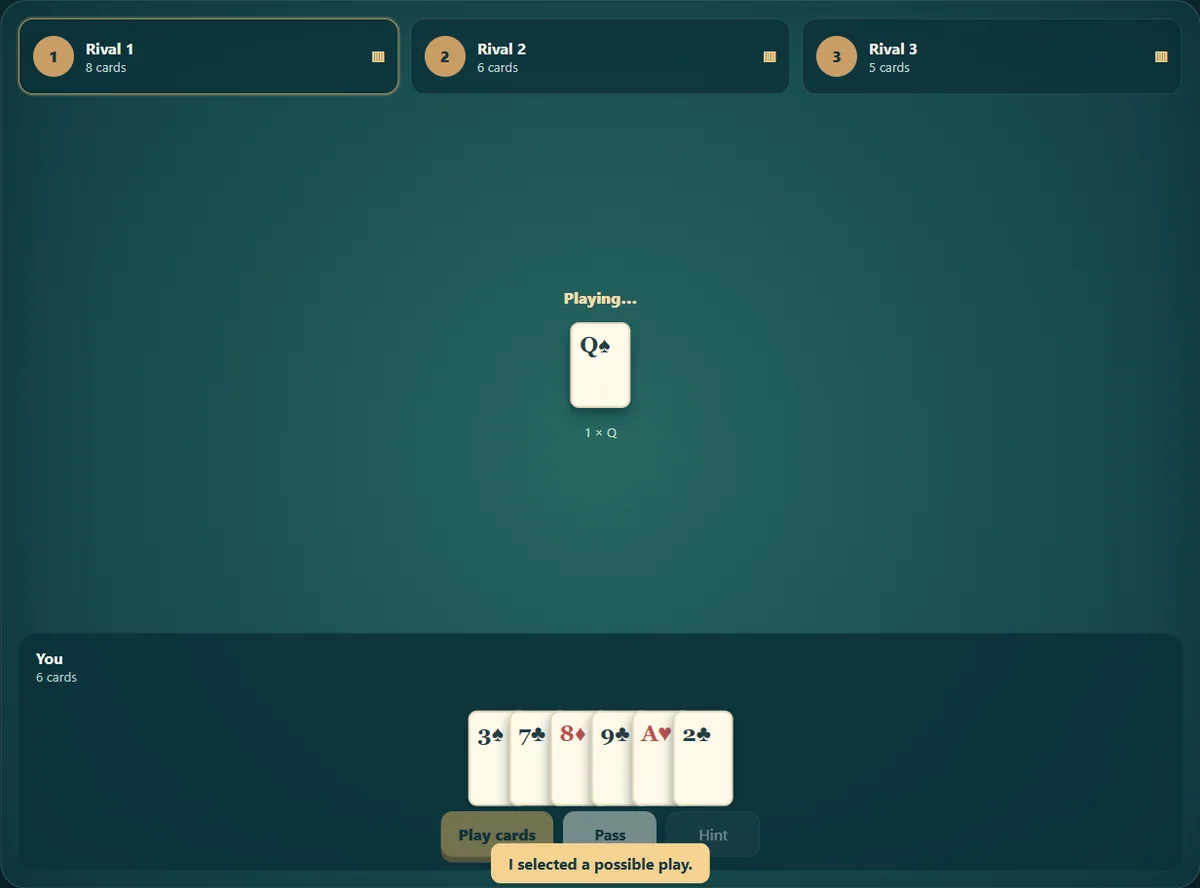 Actual President gameplay, position 3 with own cards visible and opponent cards concealed.