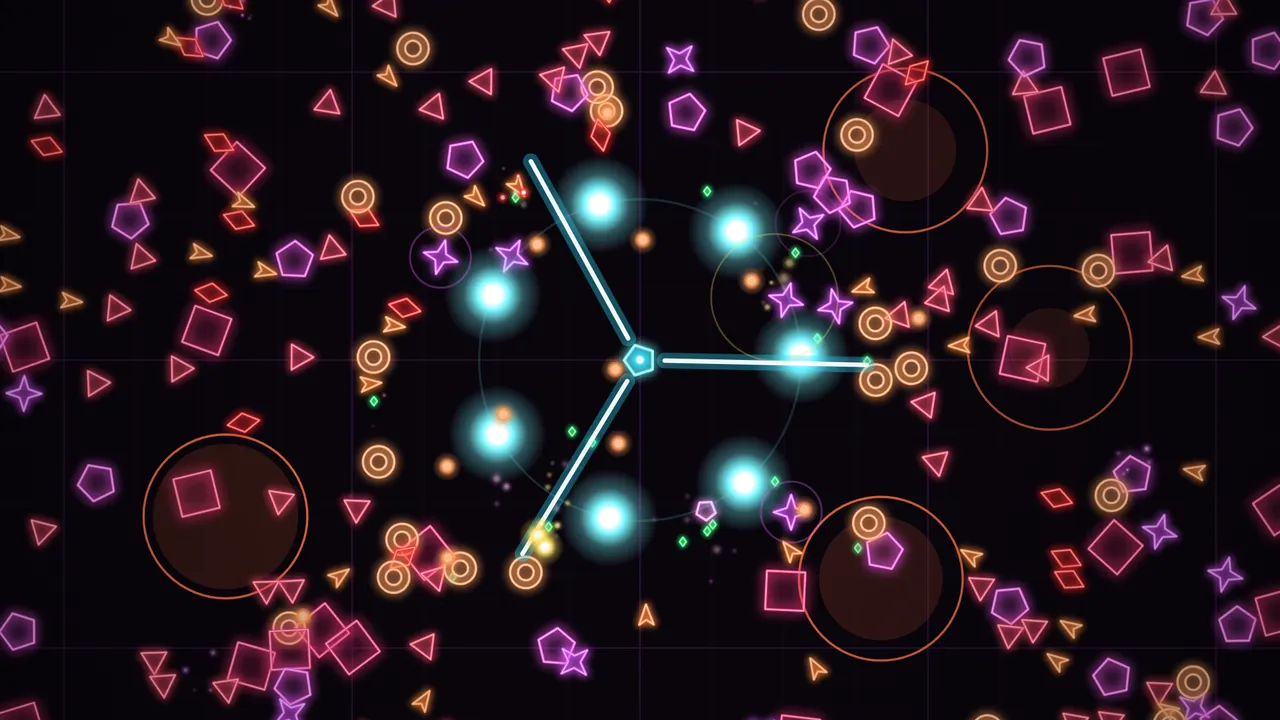 Prism Siege combat with a core, automatic weapons and geometric enemies.