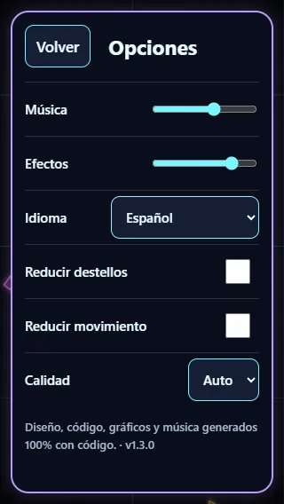 Prism Siege options on a narrow screen with language, sound and reduced motion settings.