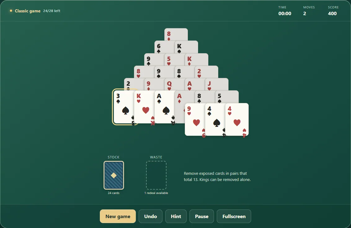 Pyramid Solitaire with four removed cards and covered cards face up