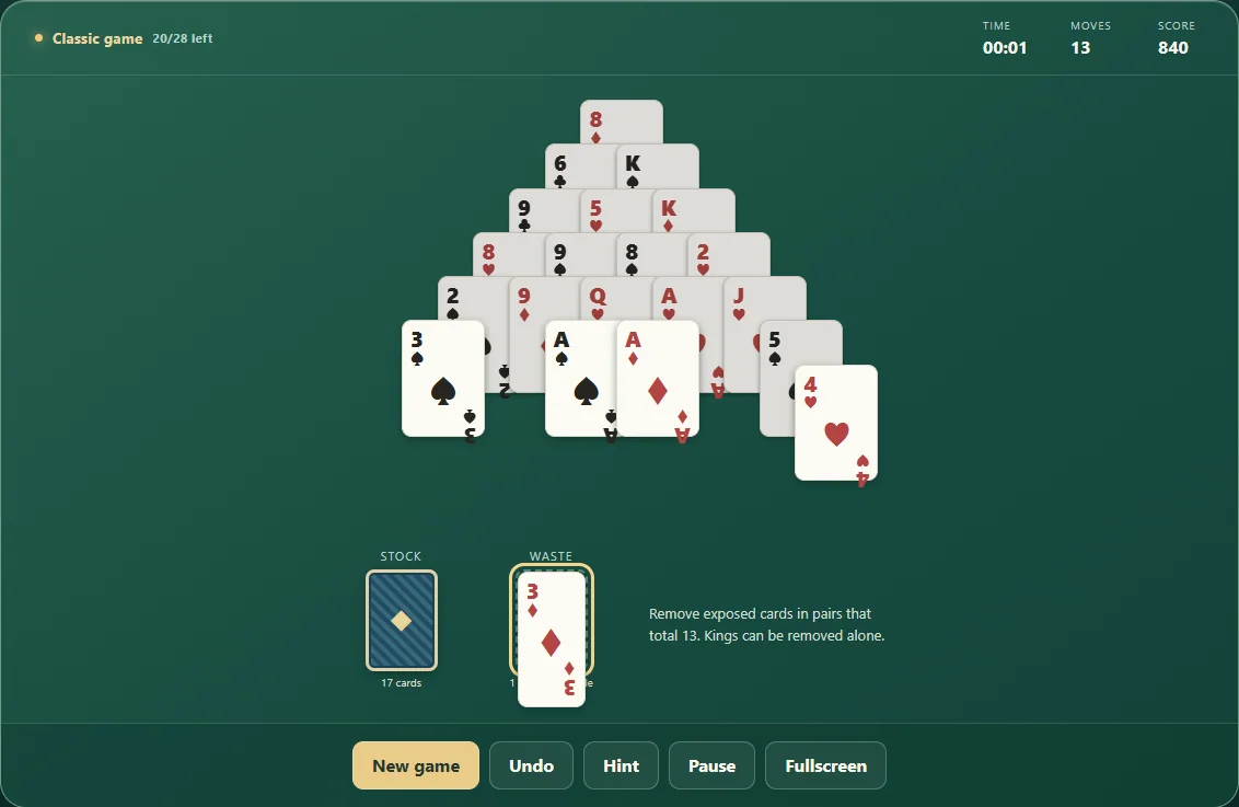Eight pyramid cards removed with the waste available