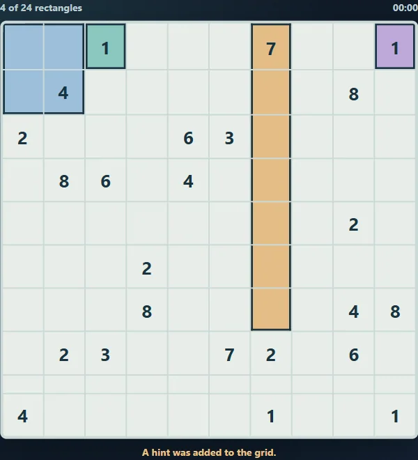 Rectangle Atlas: Shikaku on the largest grid after 4 actual public hints.