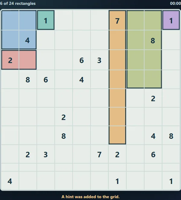 Rectangle Atlas: Shikaku on the largest grid after 6 actual public hints.