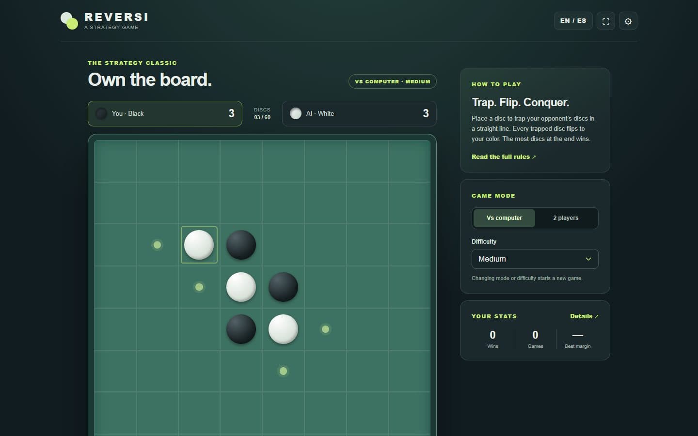Reversi game after a move.