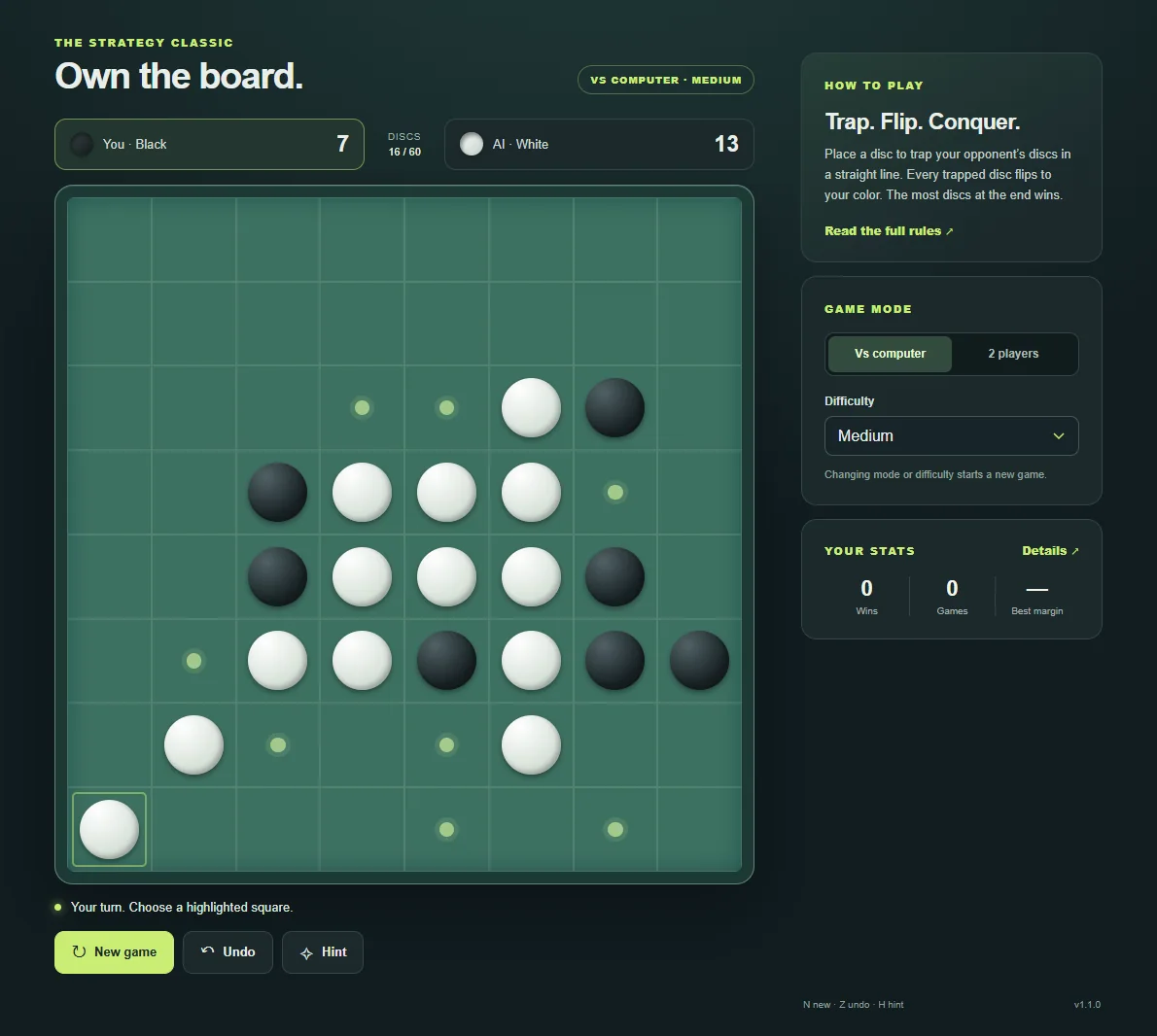 Reversi after 8 player turns